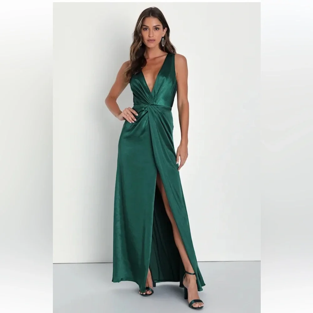 Lulus Perfect Refinement Emerald Satin Sleeveless Pleated Maxi Dress XL